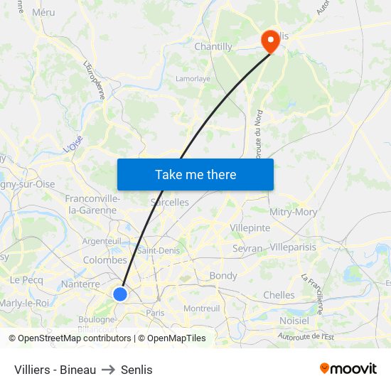 Villiers - Bineau to Senlis map