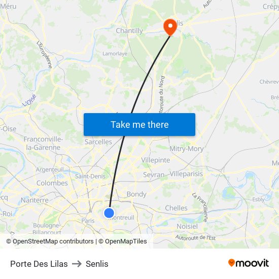 Porte Des Lilas to Senlis map