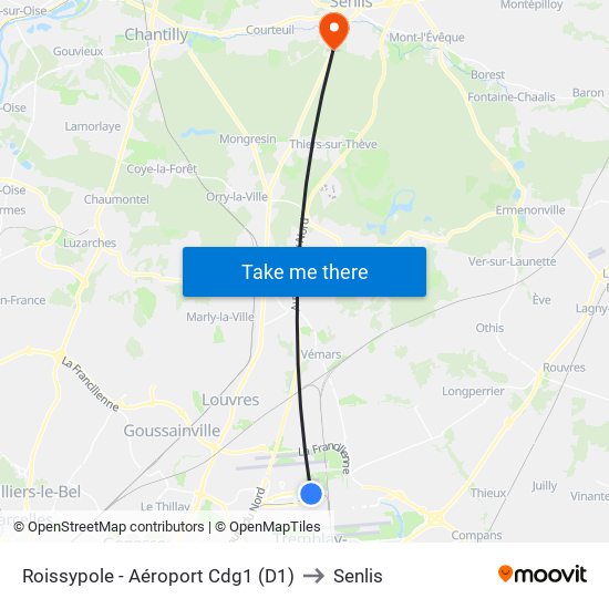 Roissypole - Aéroport Cdg1 (D1) to Senlis map