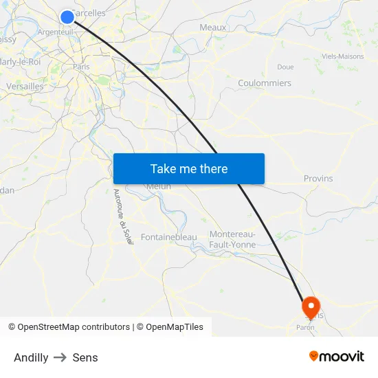 Andilly to Sens map