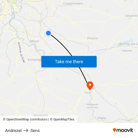 Andrezel to Sens map