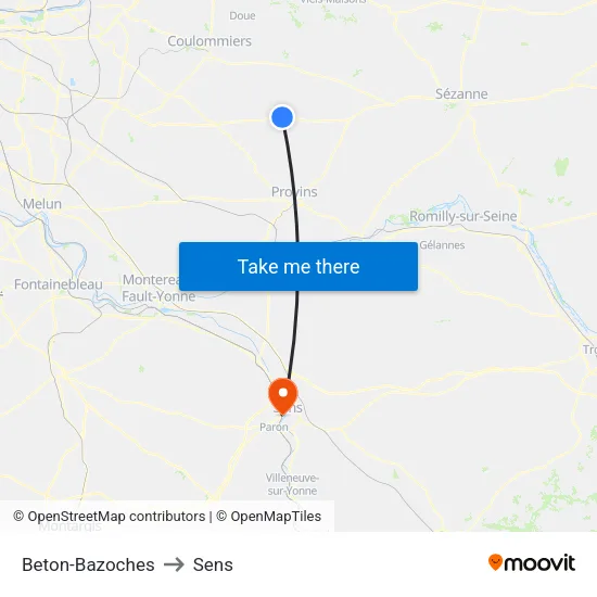 Beton-Bazoches to Sens map