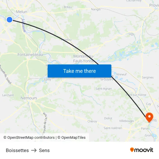 Boissettes to Sens map