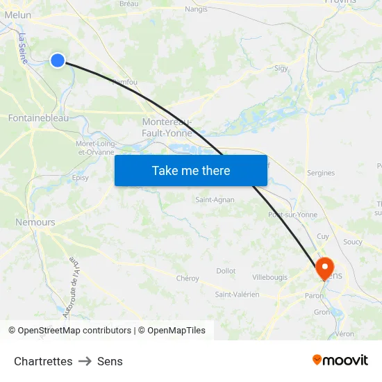 Chartrettes to Sens map