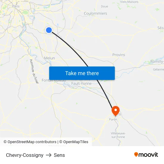 Chevry-Cossigny to Sens map
