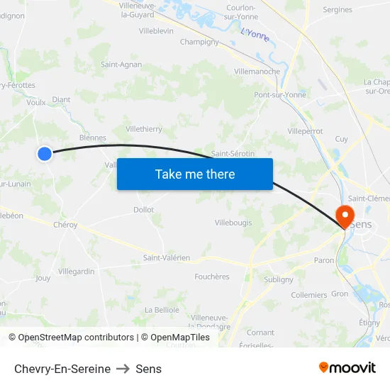 Chevry-En-Sereine to Sens map