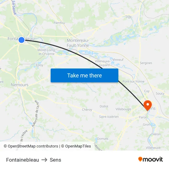 Fontainebleau to Sens map