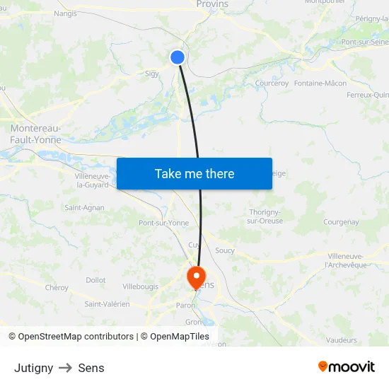 Jutigny to Sens map