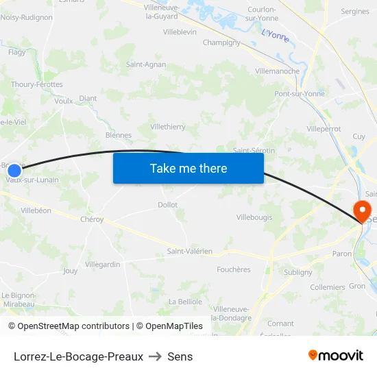 Lorrez-Le-Bocage-Preaux to Sens map