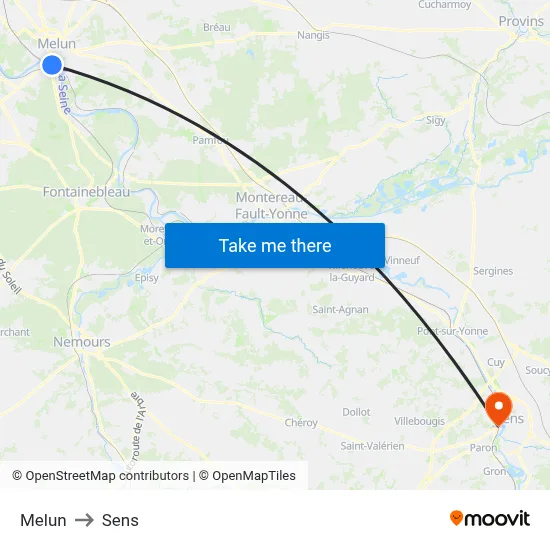 Melun to Sens map