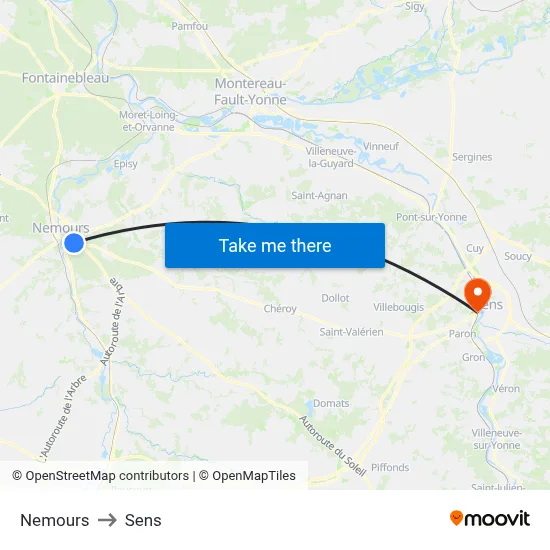 Nemours to Sens map