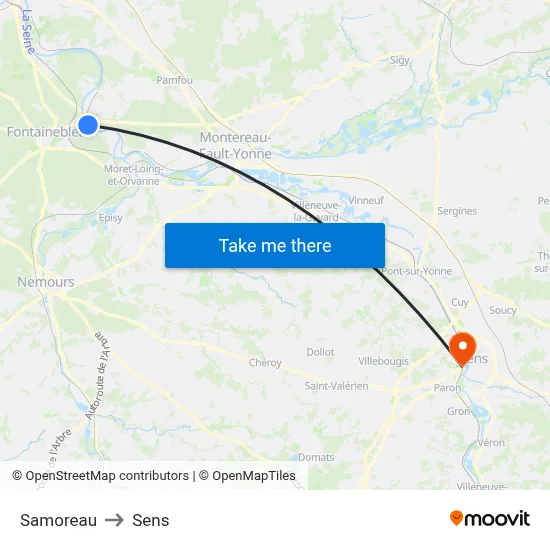 Samoreau to Sens map