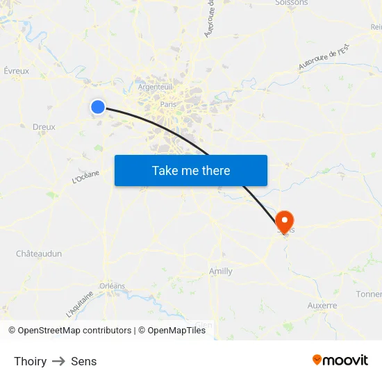 Thoiry to Sens map