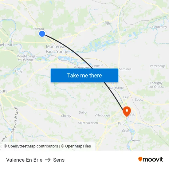 Valence-En-Brie to Sens map