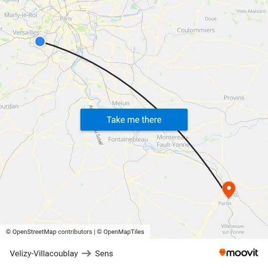 Velizy-Villacoublay to Sens map