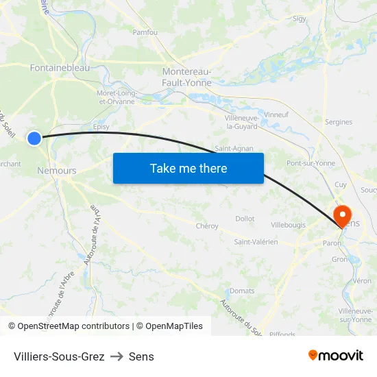 Villiers-Sous-Grez to Sens map
