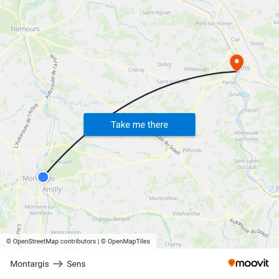 Montargis to Sens map