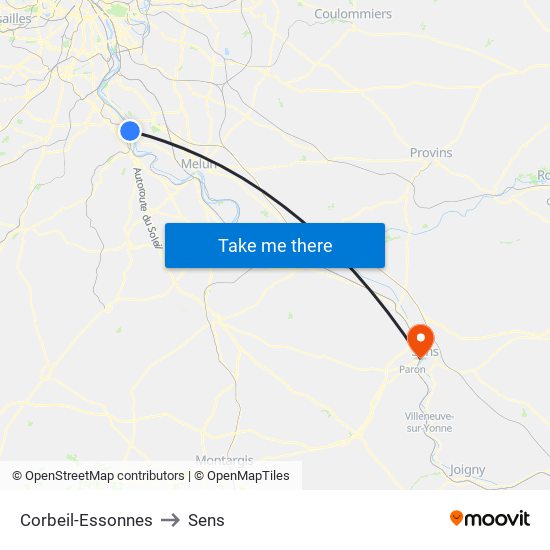 Corbeil-Essonnes to Sens map