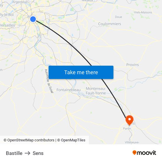 Bastille to Sens map