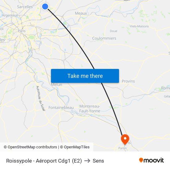 Roissypole - Aéroport Cdg1 (E2) to Sens map