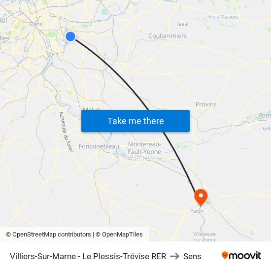 Villiers-Sur-Marne - Le Plessis-Trévise RER to Sens map