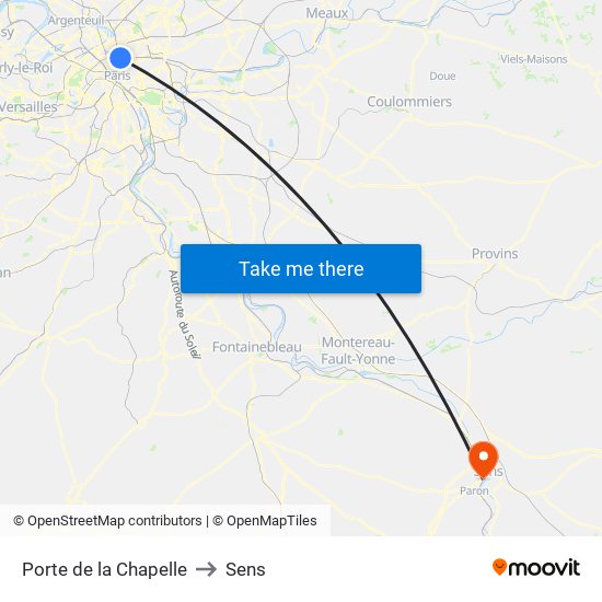 Porte de la Chapelle to Sens map