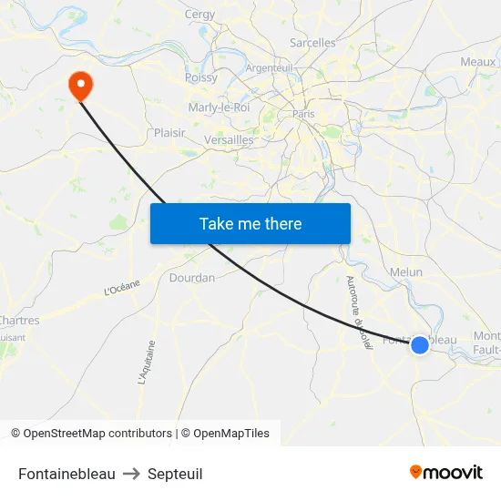 Fontainebleau to Septeuil map