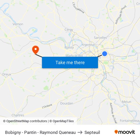 Bobigny - Pantin - Raymond Queneau to Septeuil map