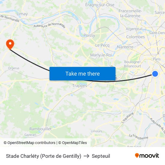 Stade Charléty (Porte de Gentilly) to Septeuil map