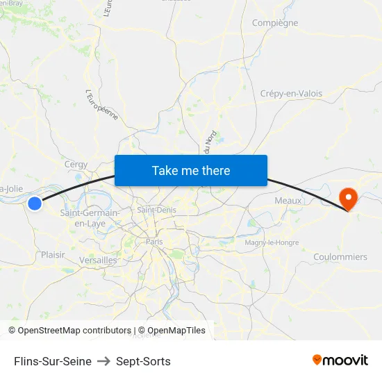 Flins-Sur-Seine to Sept-Sorts map