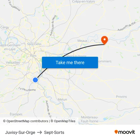 Juvisy-Sur-Orge to Sept-Sorts map