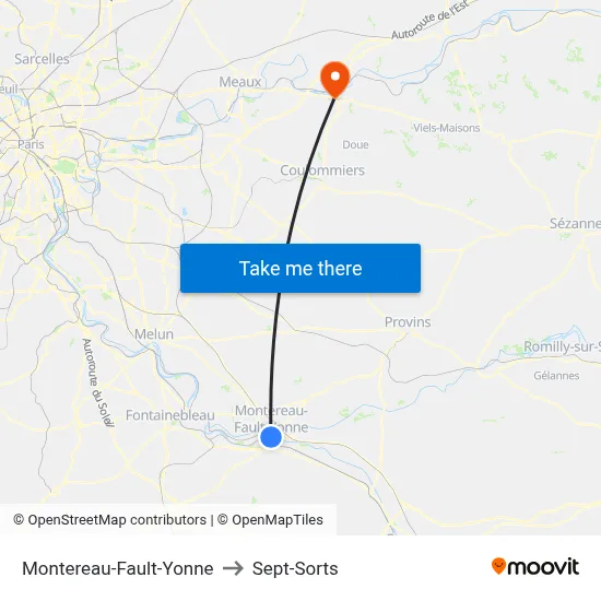 Montereau-Fault-Yonne to Sept-Sorts map