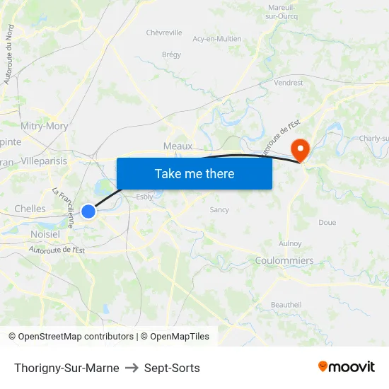 Thorigny-Sur-Marne to Sept-Sorts map