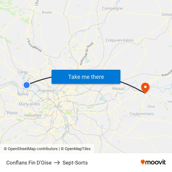 Conflans Fin D'Oise to Sept-Sorts map
