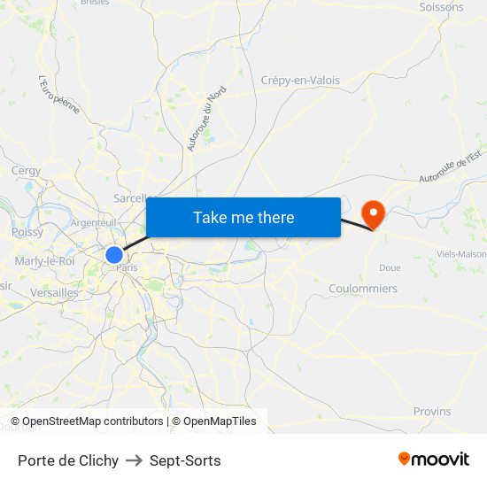 Porte de Clichy to Sept-Sorts map