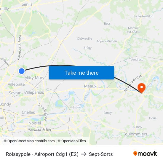 Roissypole - Aéroport Cdg1 (E2) to Sept-Sorts map