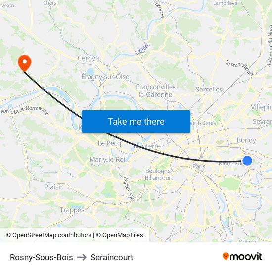 Rosny-Sous-Bois to Seraincourt map
