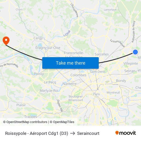 Roissypole - Aéroport Cdg1 (D3) to Seraincourt map