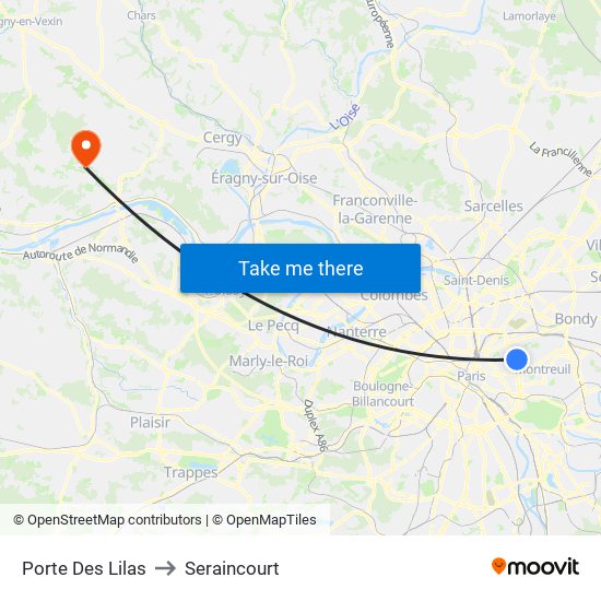 Porte Des Lilas to Seraincourt map