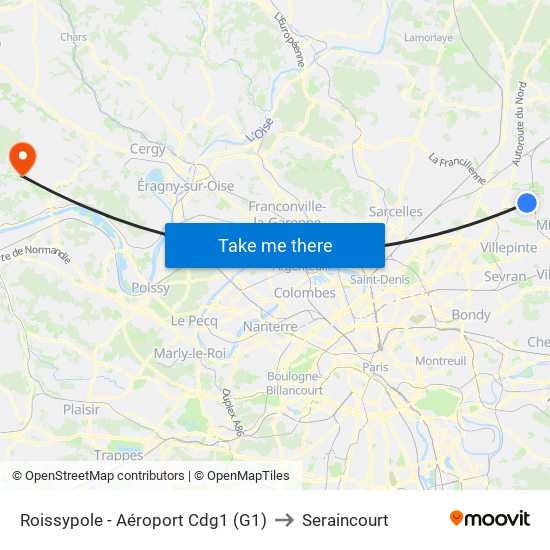 Roissypole - Aéroport Cdg1 (G1) to Seraincourt map