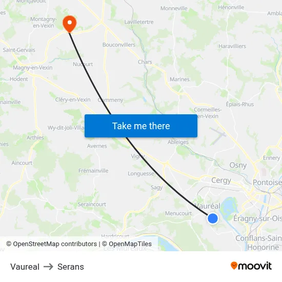 Vaureal to Serans map