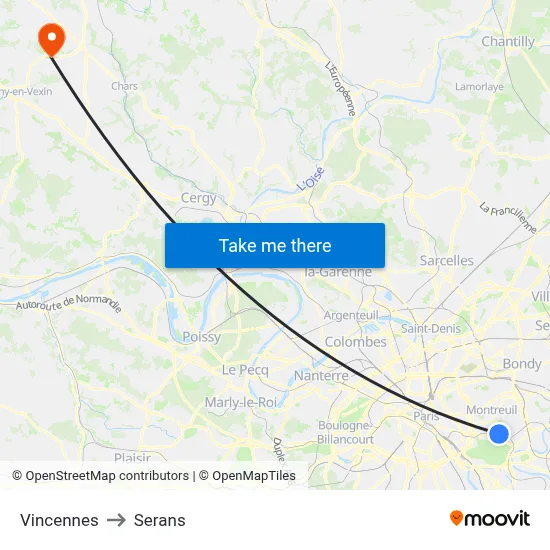 Vincennes to Serans map