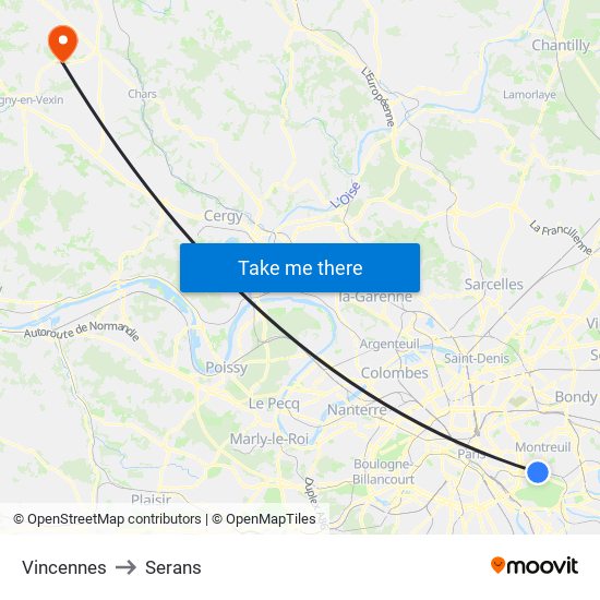 Vincennes to Serans map