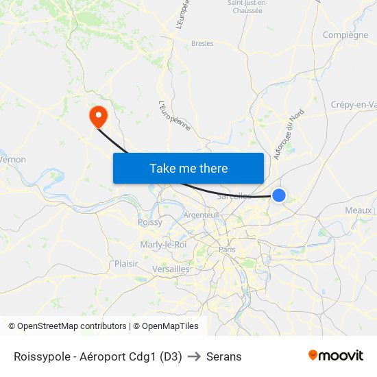 Roissypole - Aéroport Cdg1 (D3) to Serans map