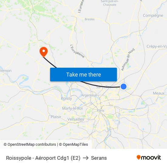 Roissypole - Aéroport Cdg1 (E2) to Serans map