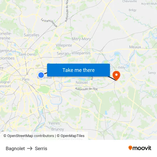 Bagnolet to Serris map