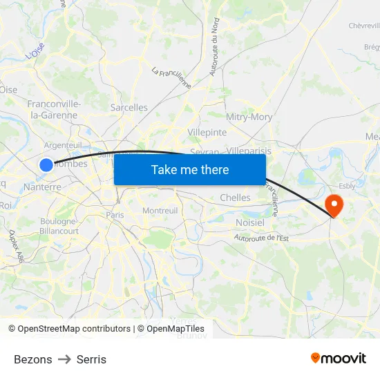 Bezons to Serris map