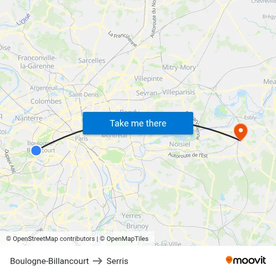 Boulogne-Billancourt to Serris map