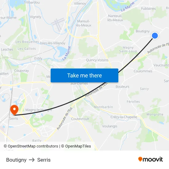 Boutigny to Serris map
