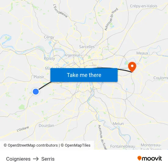 Coignieres to Serris map